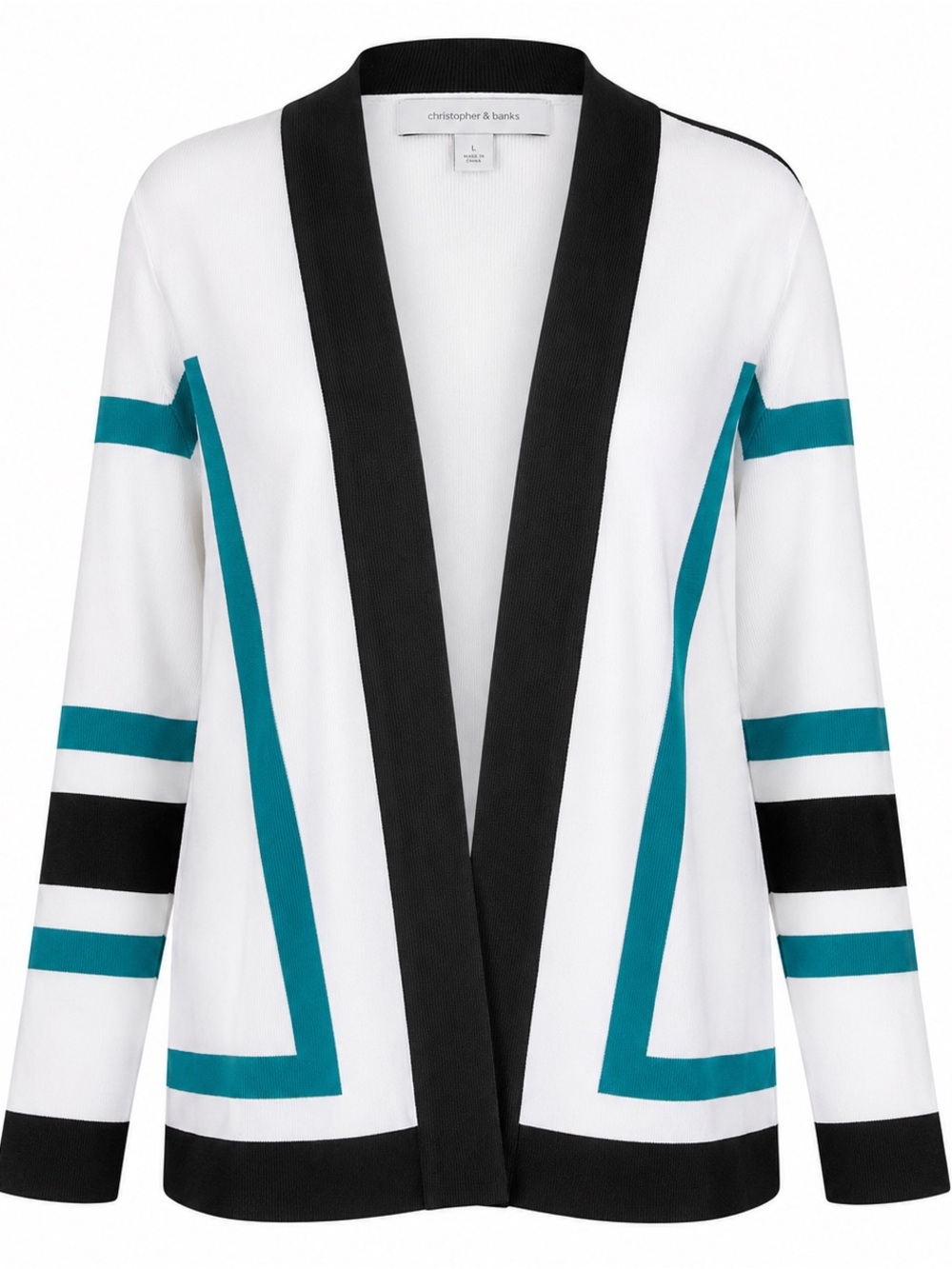 Christopher & Banks Large White Open-Front Cardigan with Teal and Black Trim